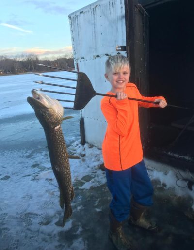 Levi Budke speared this Northern Pike in 8' of water using a neon green decoy.  Jan. 2019